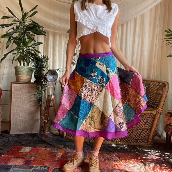 Reversible Patchwork Midi Silk Wrap Skirt