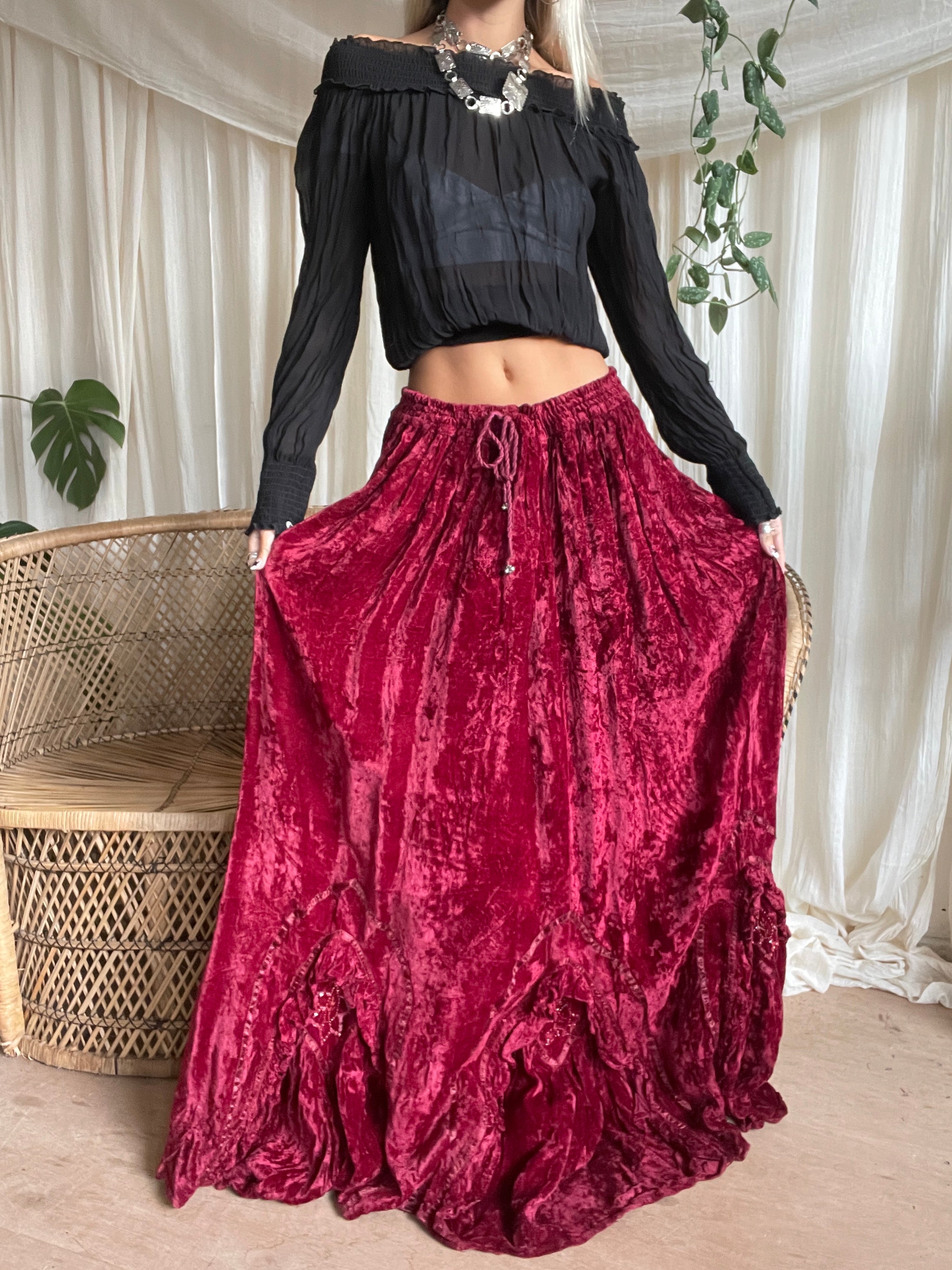 Long Velvet Skirt Crushed Velvet Maxi Skirt - Main Image