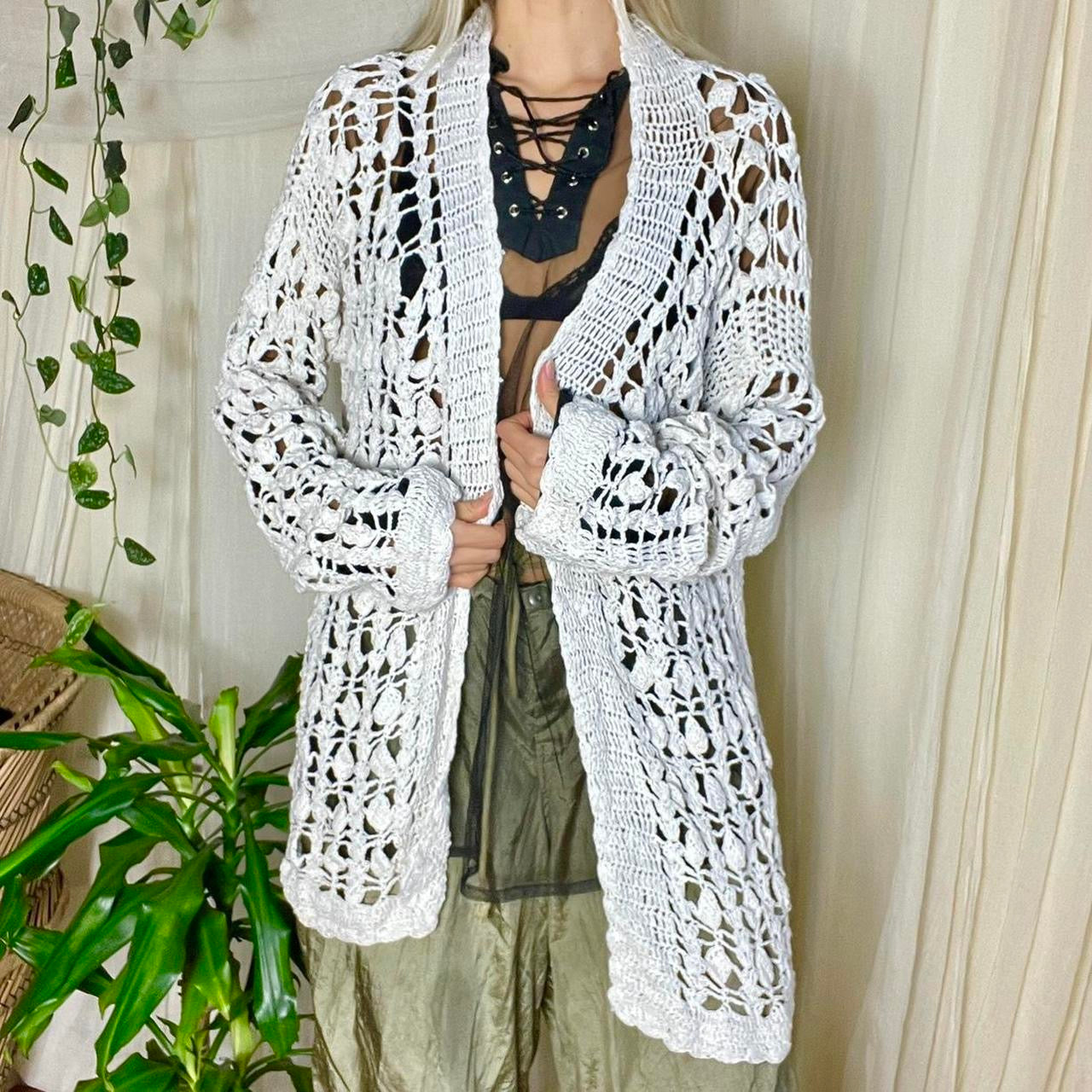 Long black crochet outlet cardigan