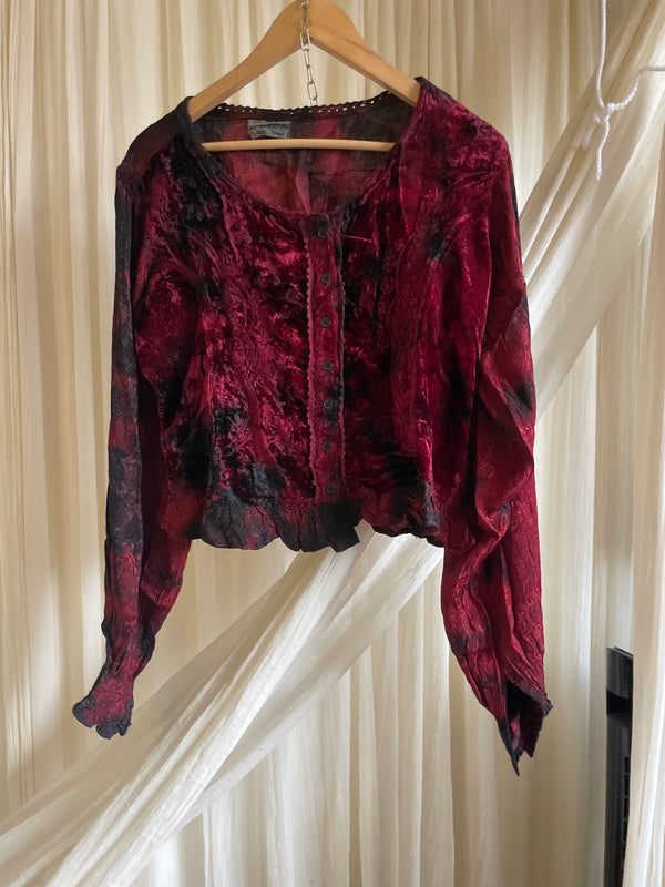 Crushed Velvet Blouse W Jacquard Sleeves