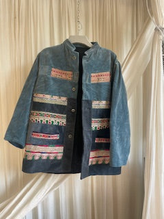 Blue and Gray Afghan Patch Velvet Jacket