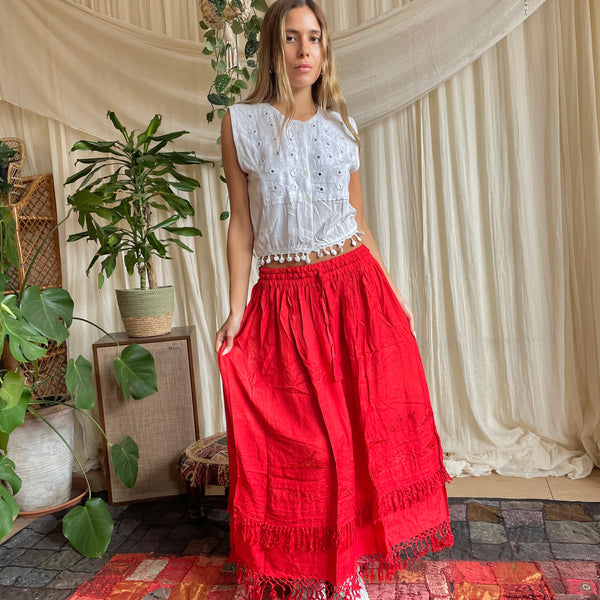 80s Afghan Tassel Fringe Maxi Skirt