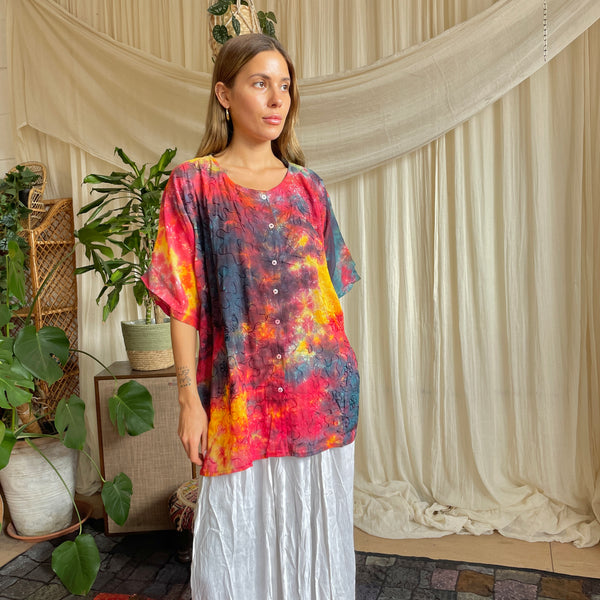Embroidered Button Up Tie Dye Blouse