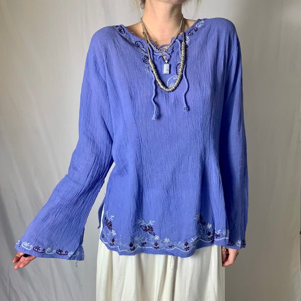 Lace Neck Cheesecloth Bell Sleeve Top