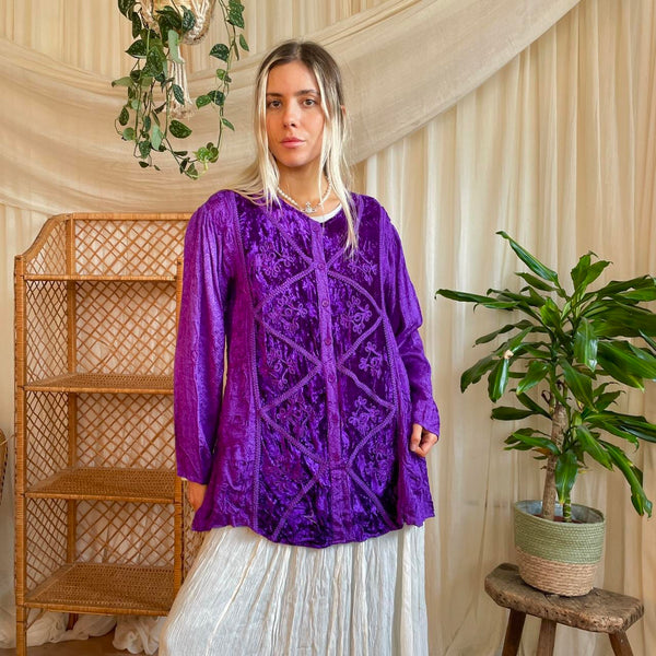 Purple Velvet Panel Boho Blouse