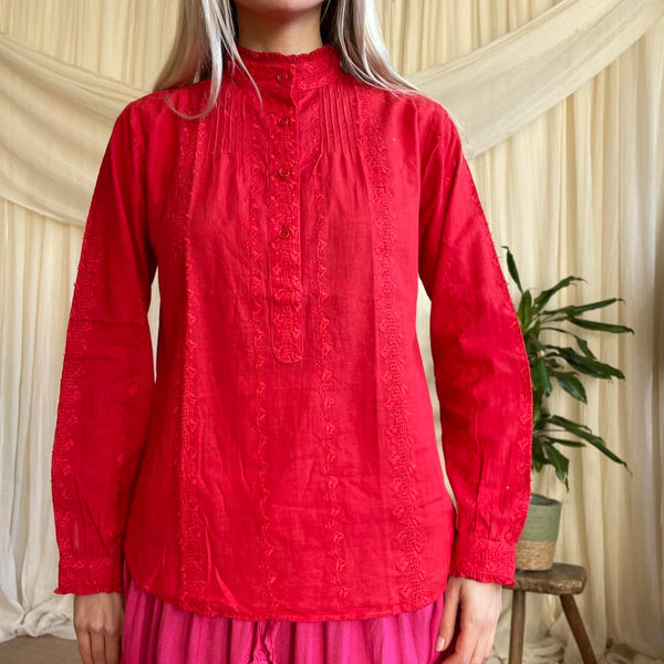 Red Button Up Embroidered Blouse