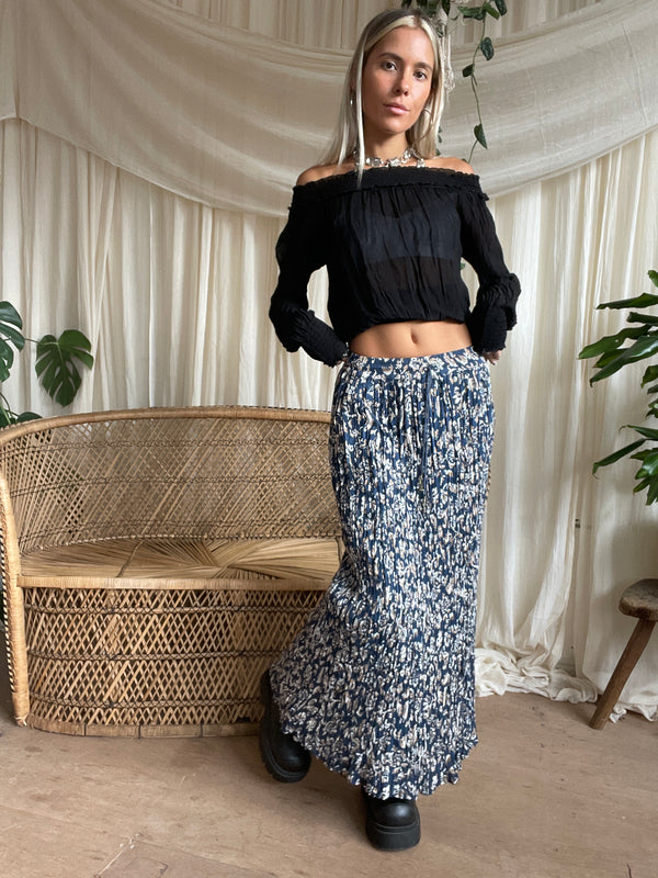 Floral Blue Crinkle Maxi Skirt