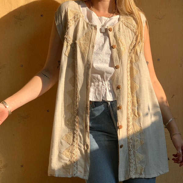 Sandy Linen Embroidered Waistcoat