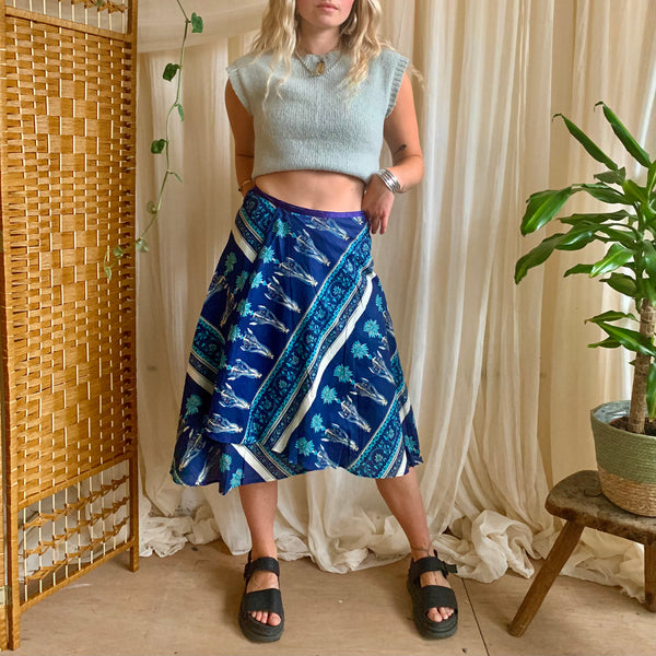 Turquoise Block Print Midi Wrap Skirt