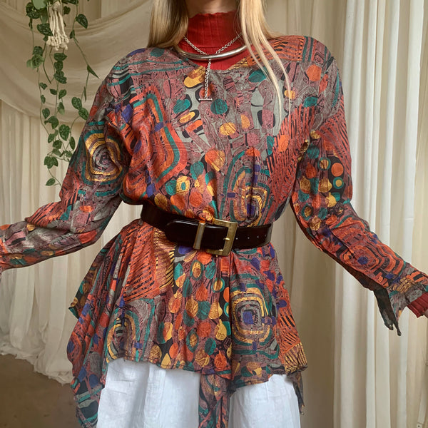 80s Print Button Peplum Blouse