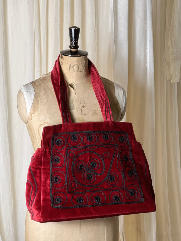 Crimson Indian Velvet Embroidered Shopping Bag