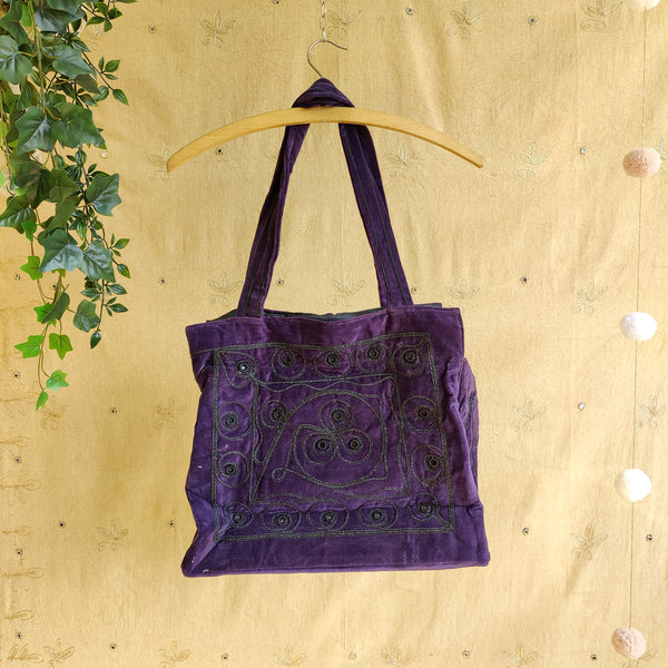 Grape Indian Velvet Embroidered Shopping Bag